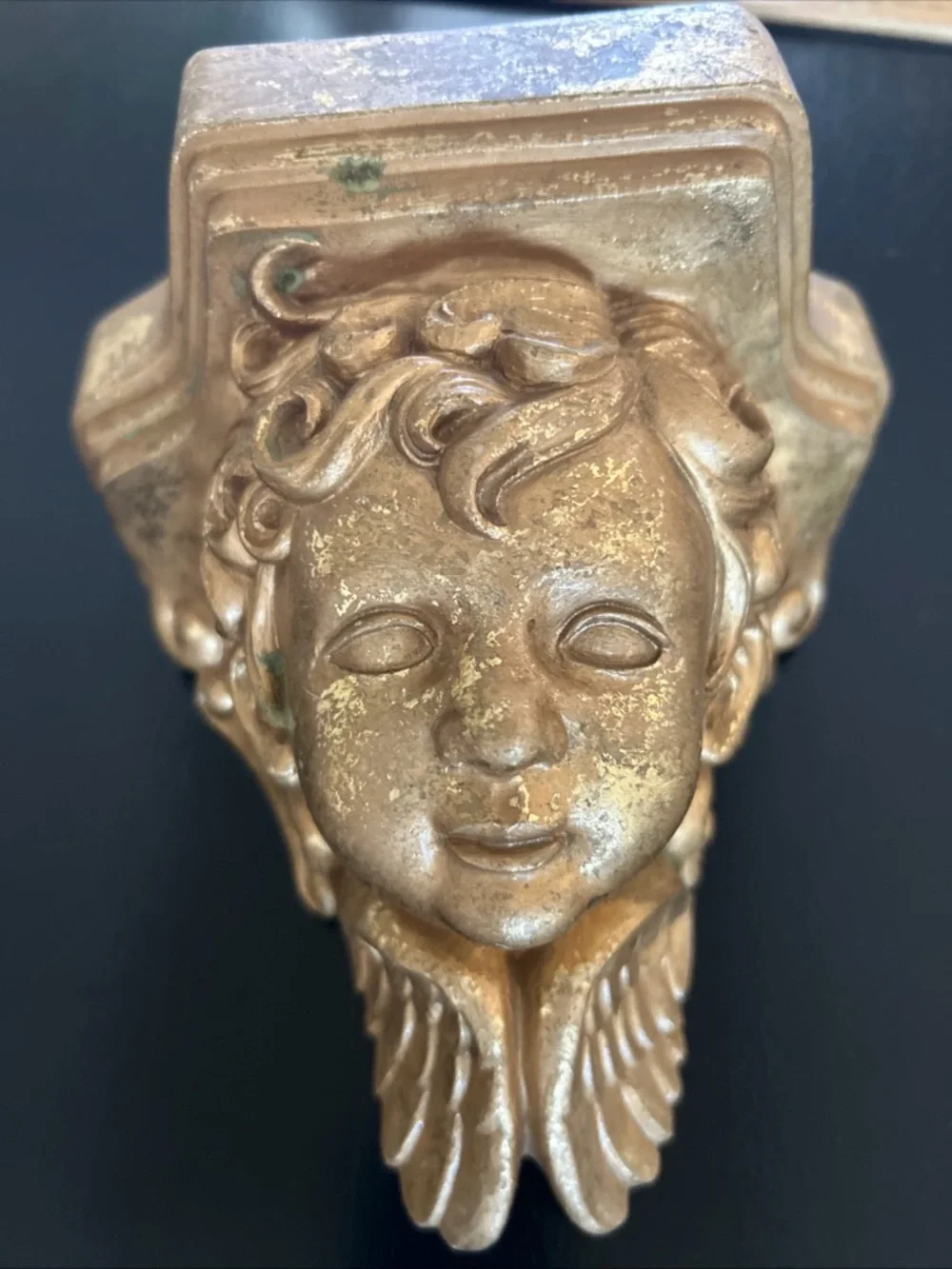 Vintage Painted Gold Plaster Cherub Angel Face Sconce Wall Shelf Victorian Style